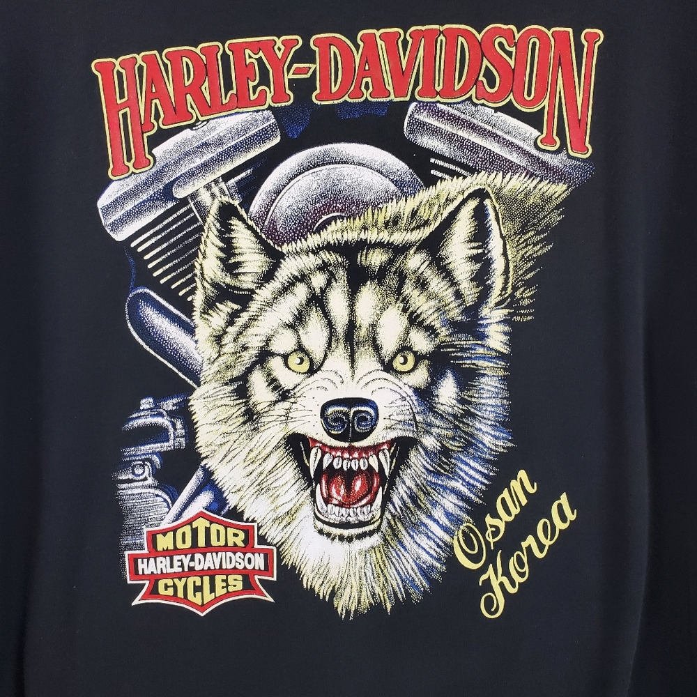 Vintage Harley Davidson Motorcycles WOLF SNARL Osan KOREA Black T Shirt M RARE - Picture 1 of 7